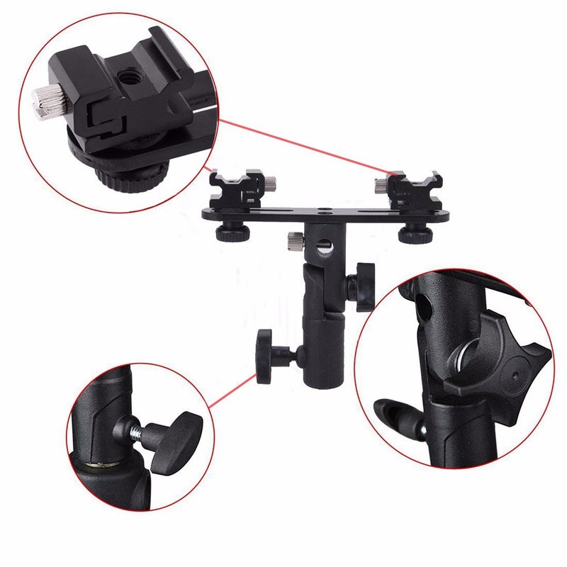 EXMAX E2 Adjustable Double Flash Bracket Dual Hot Shoe Speedlight Stand Umbrella Holder Light Stand Bracket Mount 1/4" to 3/8'' for Studio Video DSLR Camera - Image 4